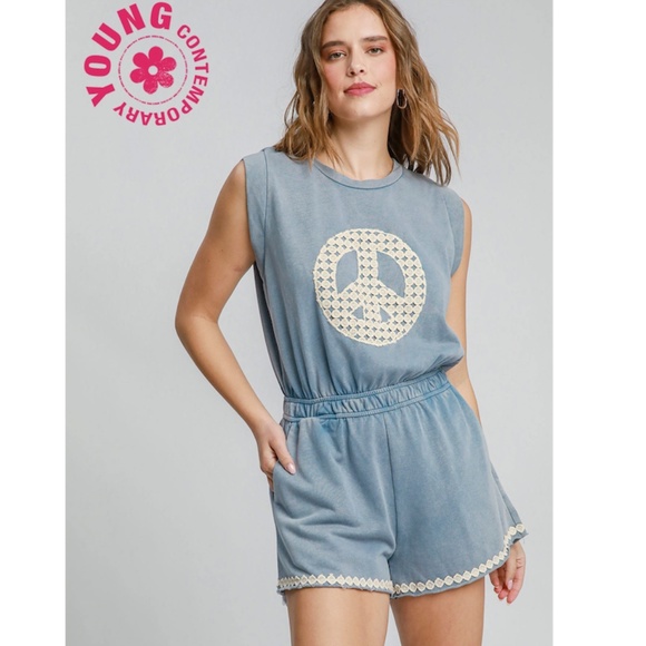 Umgee Pants - Umgee Blue Peace Sign Romper